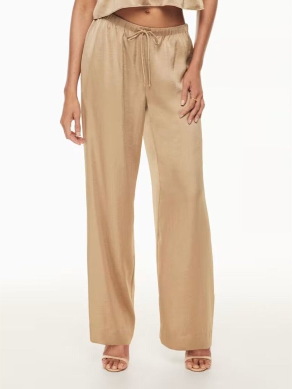 Aritzia Wilfred SET Toccata Satin Pant & Beso Satin Shirt Gold Camel Medium - Picture 4 of 10